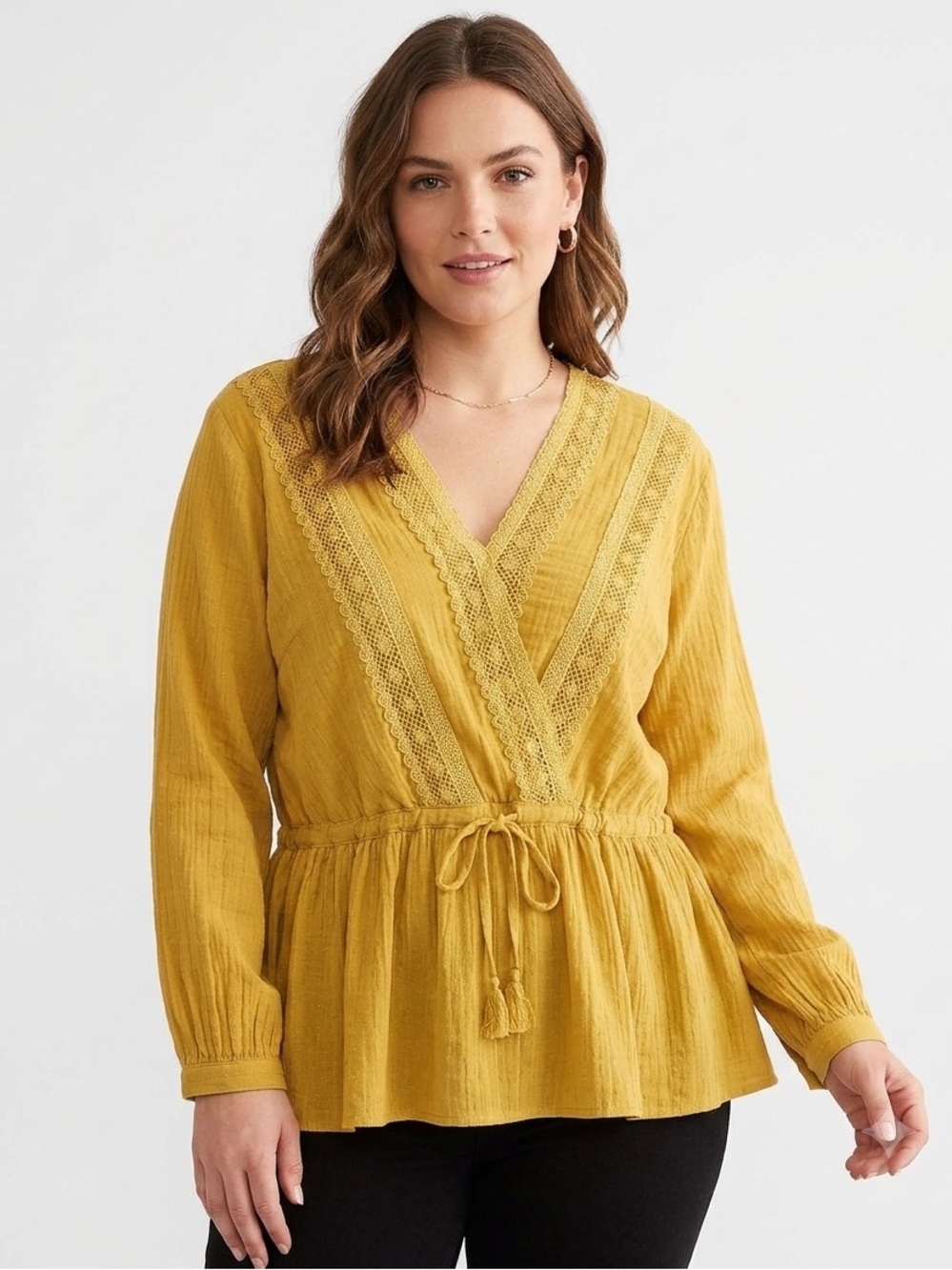 RD + KoKo Mustard Lace-Trim V-Neck Peplum Tie-Waist Blouse Linen Blend Medium